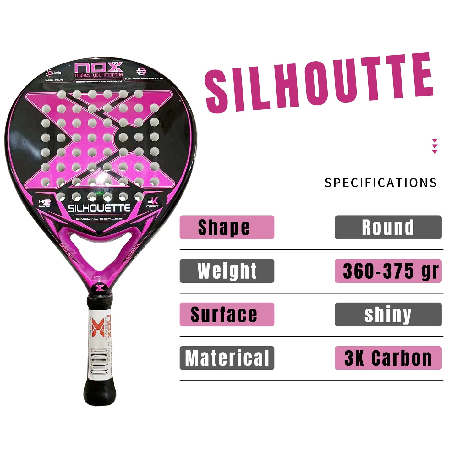 Padel Tennis Racket, 3K Carbon Fiber, Eva Soft Memory Shape, Rough Surface, High Balance Padel Paddle without Bag